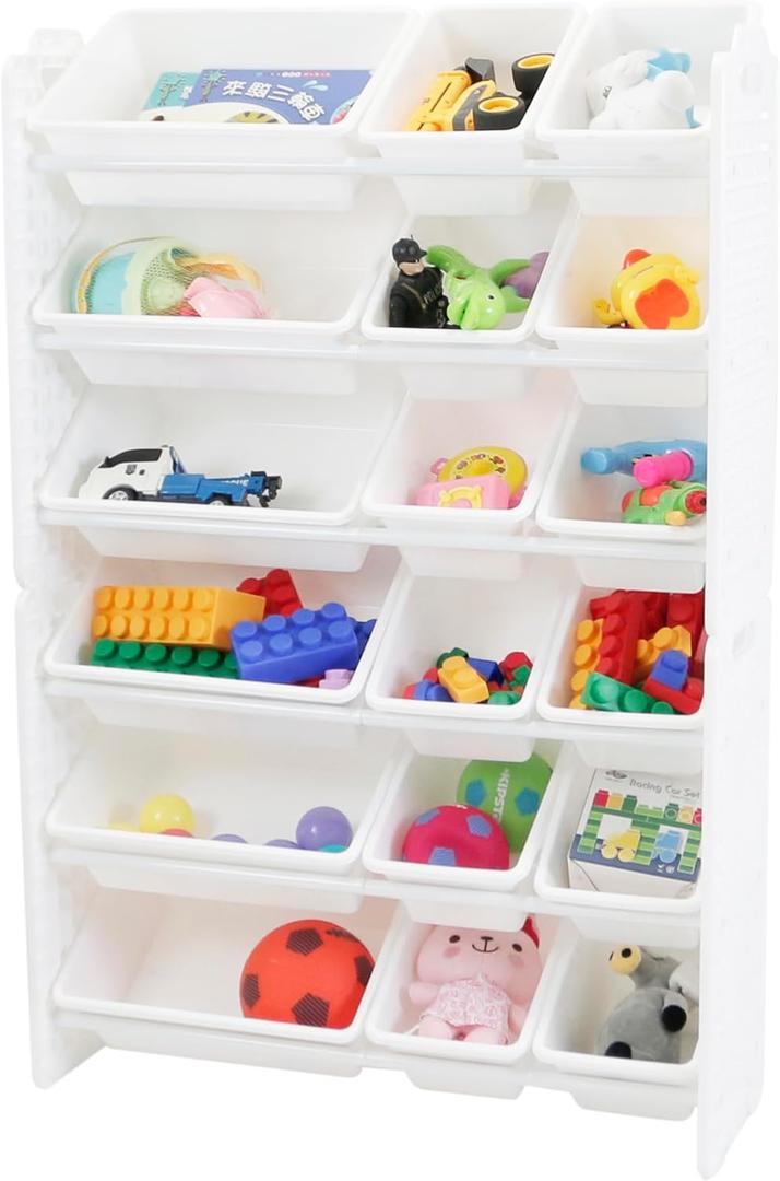 UNiPLAY 6 Tier Toy Storage Organizer with 18 Removable Bins, Re-Configurable Base, Multi-Functional for Books, Building Blocks, School Materials, Toys, or Garage Storage with Baseplate Board Frame (18 Bin)