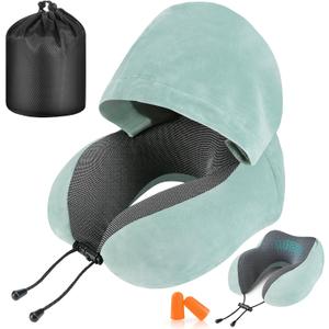 Travel Pillow, Neck Pillow for Travel with Hood for Airplane, Velvet Memory Foam Neck Pillow Adult Head & Neck Support, for Long Flights Plane, Office, Cars Sleeping & Rest (Green)