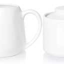 ONTUBE Porcelain Sugar and Creamer Set of 3,Cream Pitcher, Spoon, Sugar Bowl with Lid,Cream (White)