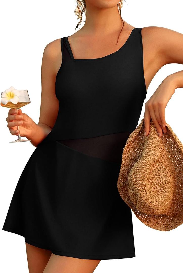 Aleumdr Women's One Piece Swim Dress Tummy Control Swimsuits Modest Full Coverage Mesh Bathing Suits with Skirt (X-Large, Black)