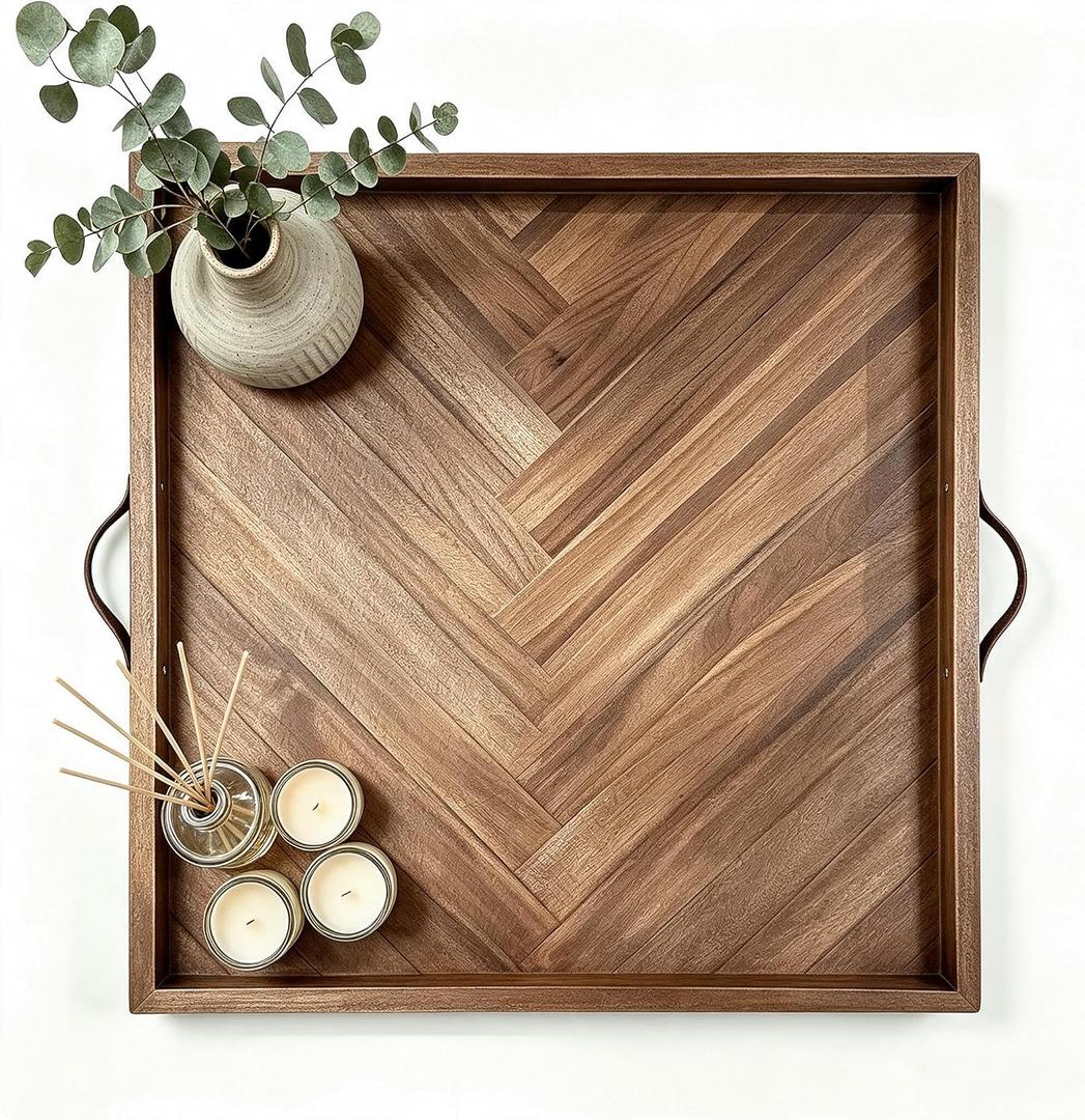 24.5x24.5 Inch Large Square Wooden Ottoman Tray, Handcrafted Herringbone Serving Tray with Leather Handles, Rustic Raised Edge Decorative Storage Tray for Coffee Table, Living Room Bedroom Home Decor