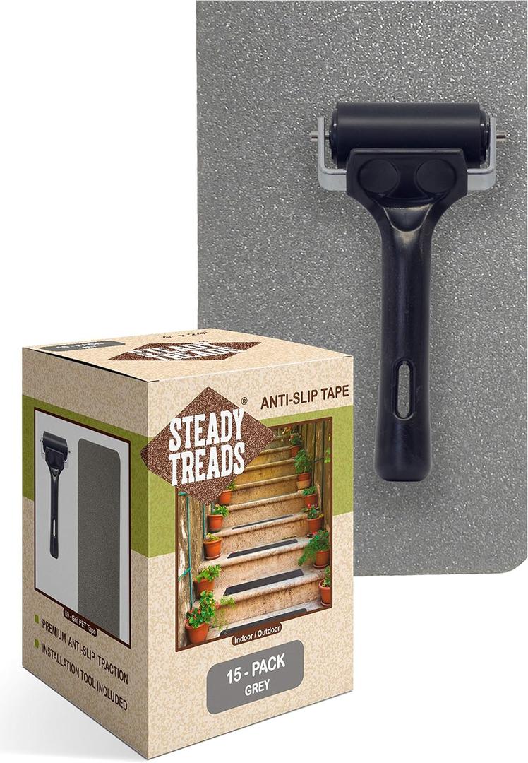 Set of PVC-Free, Non-Slip Adhesive Stair Treads and Handy Installation Roller (15qty - 4" X 24" + Roller, Grey) (Gray)