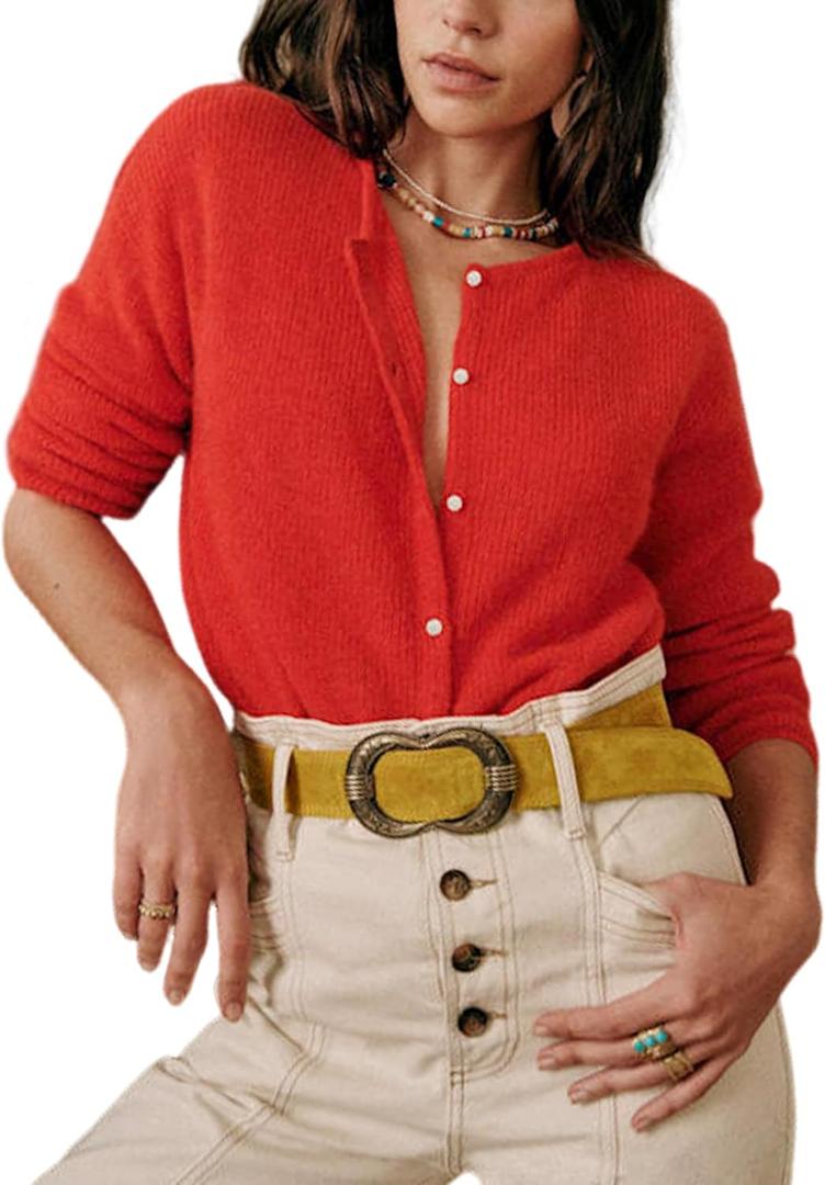 Lviefent Women Knit Cardigans Lightweight Casual Crew Neck Button Down Long Sleeve Sweater Jumper Layer Top L