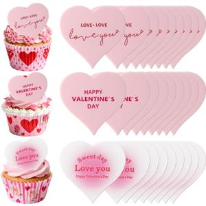 30PCS Happy Valentines Day Cake Toppers, Acrylic Cupcake Toppers 3 Different Pattern Heart Shape Custom Cupcake Picks for Valentines Party Anniversary Pastries Decorations (30 Pink Heart)