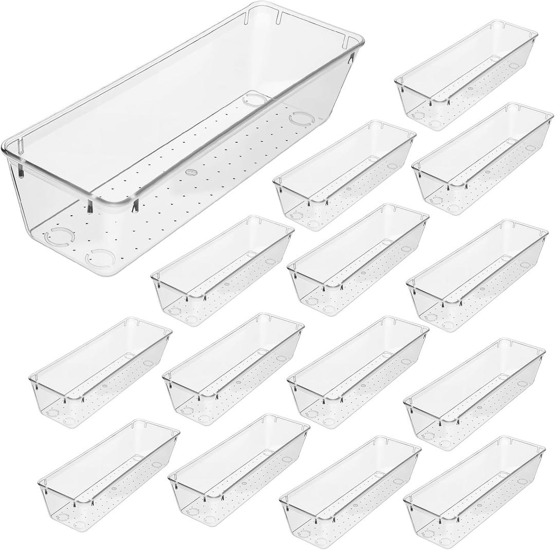 MBIYO 12 Pack Clear Drawer Organizers, 9 x 3 x 2 Plastic Silverware Organizer Utensil Drawer Organizer for Desk Makeup Lipstick Kitchen Utensils Kitchen Drawers Dividers