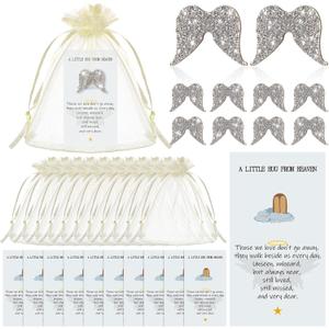 60 Set Funeral Favors Angel Pocket Hug Pre Assembled from Heaven Poem Gift Angel Prayer Cards Glitter Wooden Memorial Sign and Organza Bags for Funeral Church Prayer Party Return Token Keepsake
