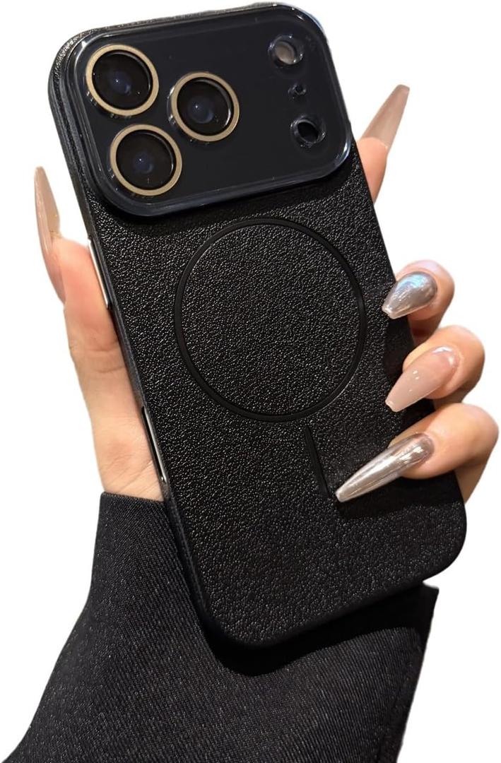 Camera Protection Solid Color Leather Pattern Magnetic Phone Case for iPhone, Compatible with MagSafe (Black,iPhone 17 Pro Max)