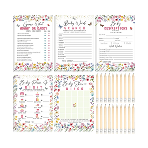 Yinder 145 Pcs Baby Shower Games Activities Cards with 20 Pencils Includes Baby Bingo Description and Wishes Guess Who Price is Right Word Scramble Game(Wildflower)