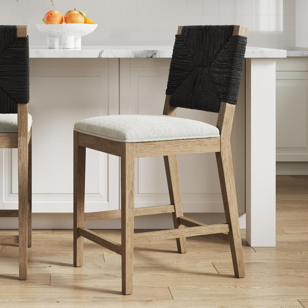 Nathan James Beacon Bohemian Boucle Bar Stool, Upholstered Bar Stool or Island Chairs for Kitchen, Seagrass Counter Height Stool with Back and Solid Wood Legs, Cream Boucle/Gray