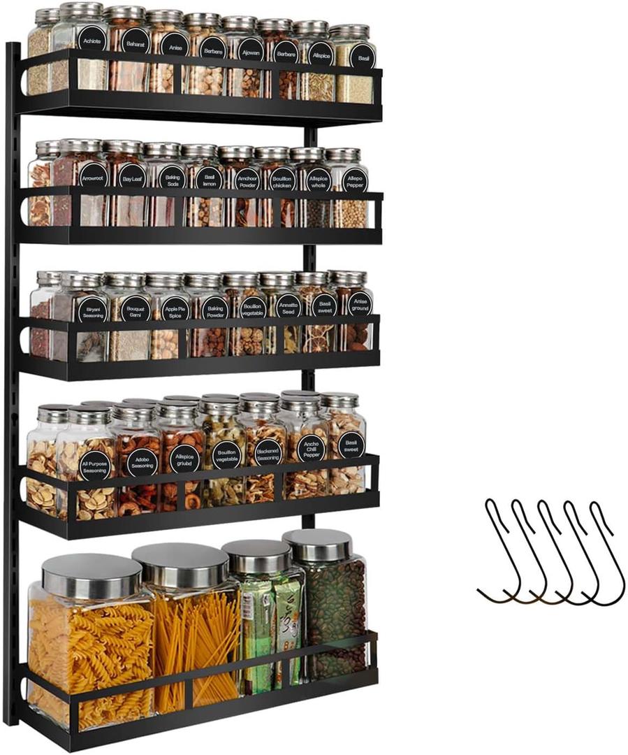 X-cosrack Wall Mount Spice Rack Organizer 5 Tier Height-Adjustable Hanging Spice Shelf Storage for Kitchen Pantry Cabinet, Dual-Use Seasoning Holder Rack with Hooks, Black-Patented, 5x 4.6"D
