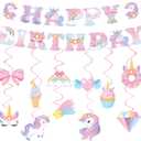 Unicorn Birthday Decorations for Girls, Unicorn Party Supplies with Unicorns Rainbow Happy Birthday Banner & Hanging Swirls, Magical Unicorns Themed Decoration for Baby Shower Girls Birthday Party