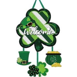 RattanView St. Patrick's Day Door Hanger Green Shamrock Welcome Door Sign Wooden Irish St Patricks Day Hanging Decorations with Rope for Front Door Wall