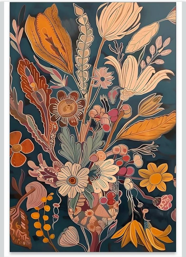 Haitunone Boho Flower Botanical Wall Art Vintage Abstract Floral Poster Midcentury Retro Nature Blossom Plant Painting Canvas Prints for Living Room Gallery Wall Decor 16X24 inch Unframed