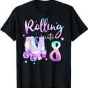 Kids 7-8 Years Old Birthday Girls Rolling Into 8th Bday Theme T-Shirt, S, Black