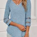 Tankaneo Womens 3/4 Length Sleeve Lace Tops V Neck Dressy Casual T-Shirt 2025 Ribbed Fall Tee Blouse