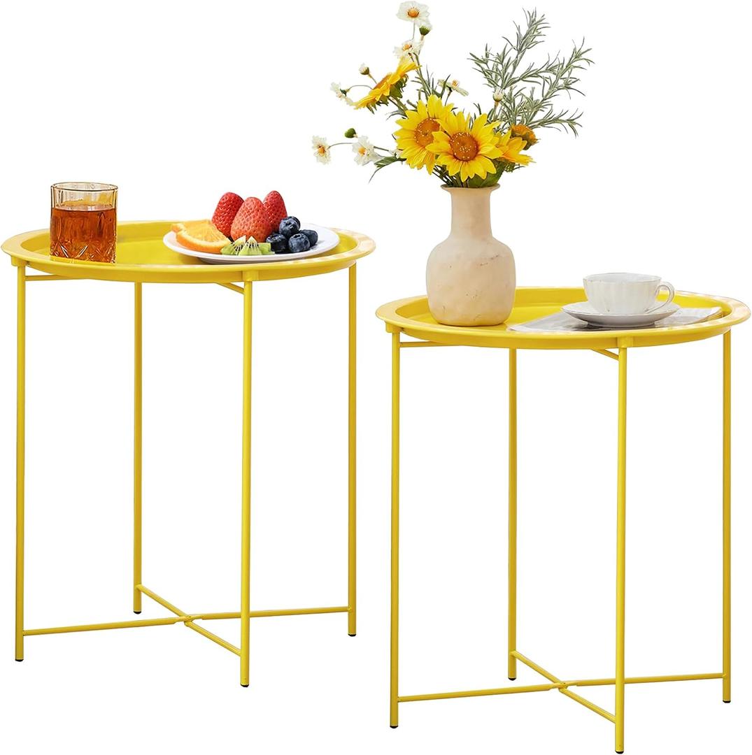 2 x VECELO Side/End Table, Folding Round Metal Anti-Rust and Waterproof Outdoor or Indoor Tray for Living Room Bedroom Balcony and Office, 2 PCS, Yellow