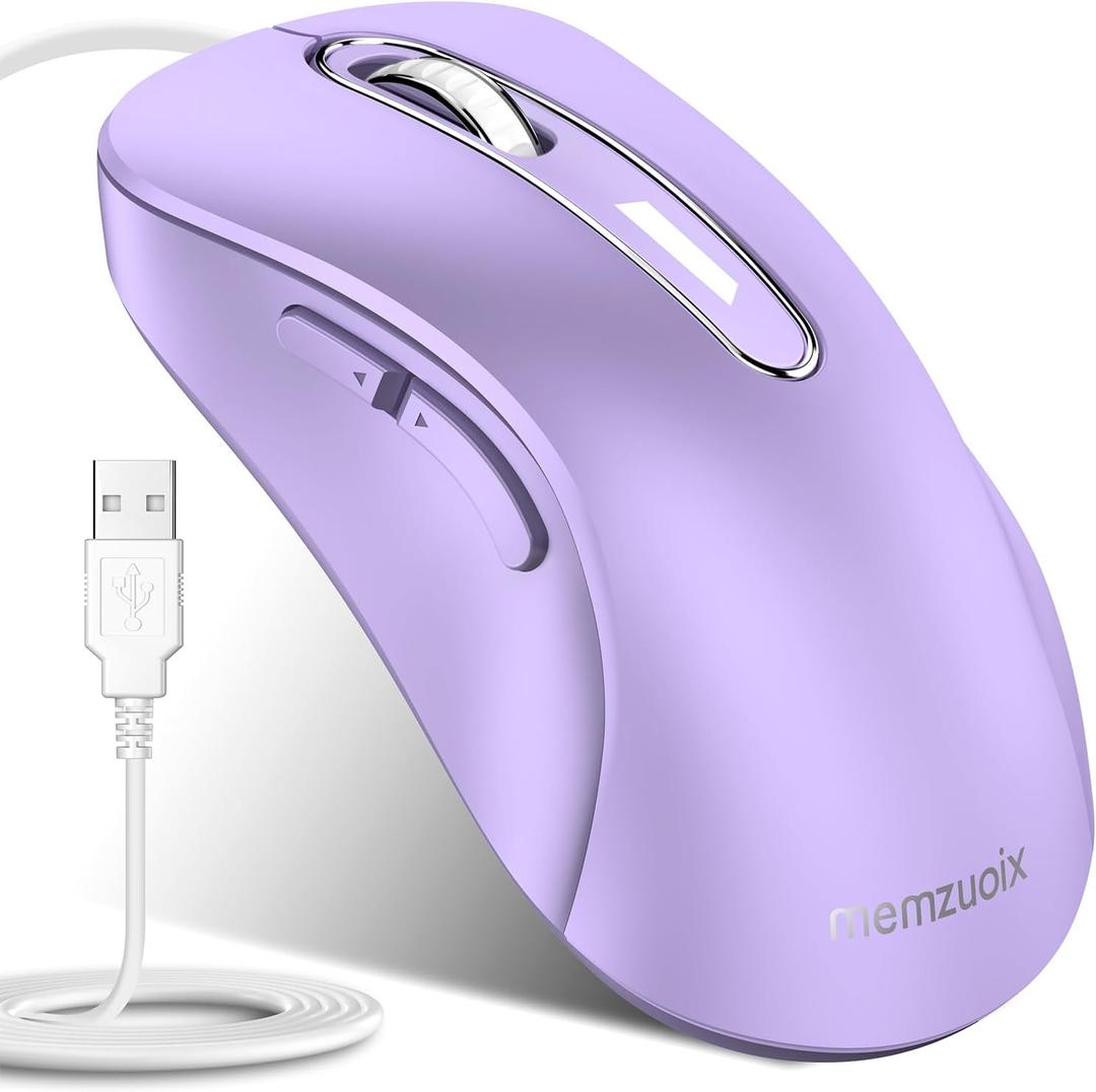 memzuoix Wired Mouse, USB Computer Mouse 1400 DPI Mobile Optical Mouse Ergonomic Design Computer Mice with 5FT Cord for Laptop, PC, Desktop, MacBook, 5 Buttons (Lilac)