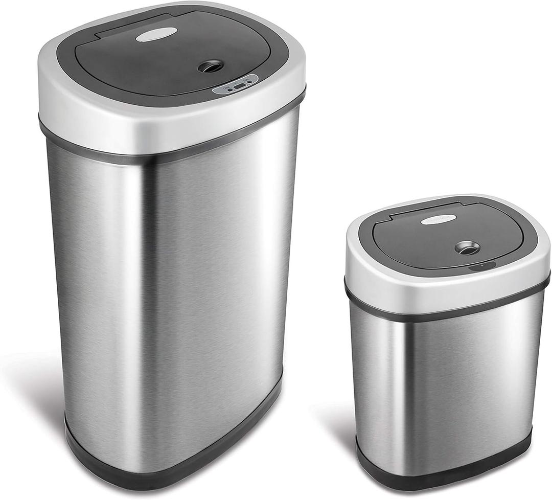 Ninestars 2-Piece Automatic Trash Can Combo Set, 13.2 Gal (50L) & 3 Gal (12L) Touchless Motion Sensor Garbage Cans, Matching Oval Stainless Steel, Black Lid