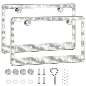 License Plate Frames for Women, Sparkly Rhinestone Diamond Car Accessories with Glitter Crystal Caps White