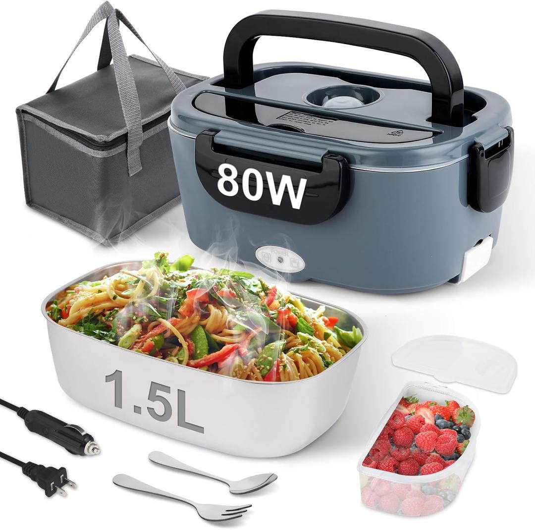 Electric Lunch Box, 80W Heated Lunch Box for Adults, 1.5L Portable Fast Heating Food Warmer for Car/Truck/Work/Travel, 12/24/110V Lonchera Elctrica Porttil