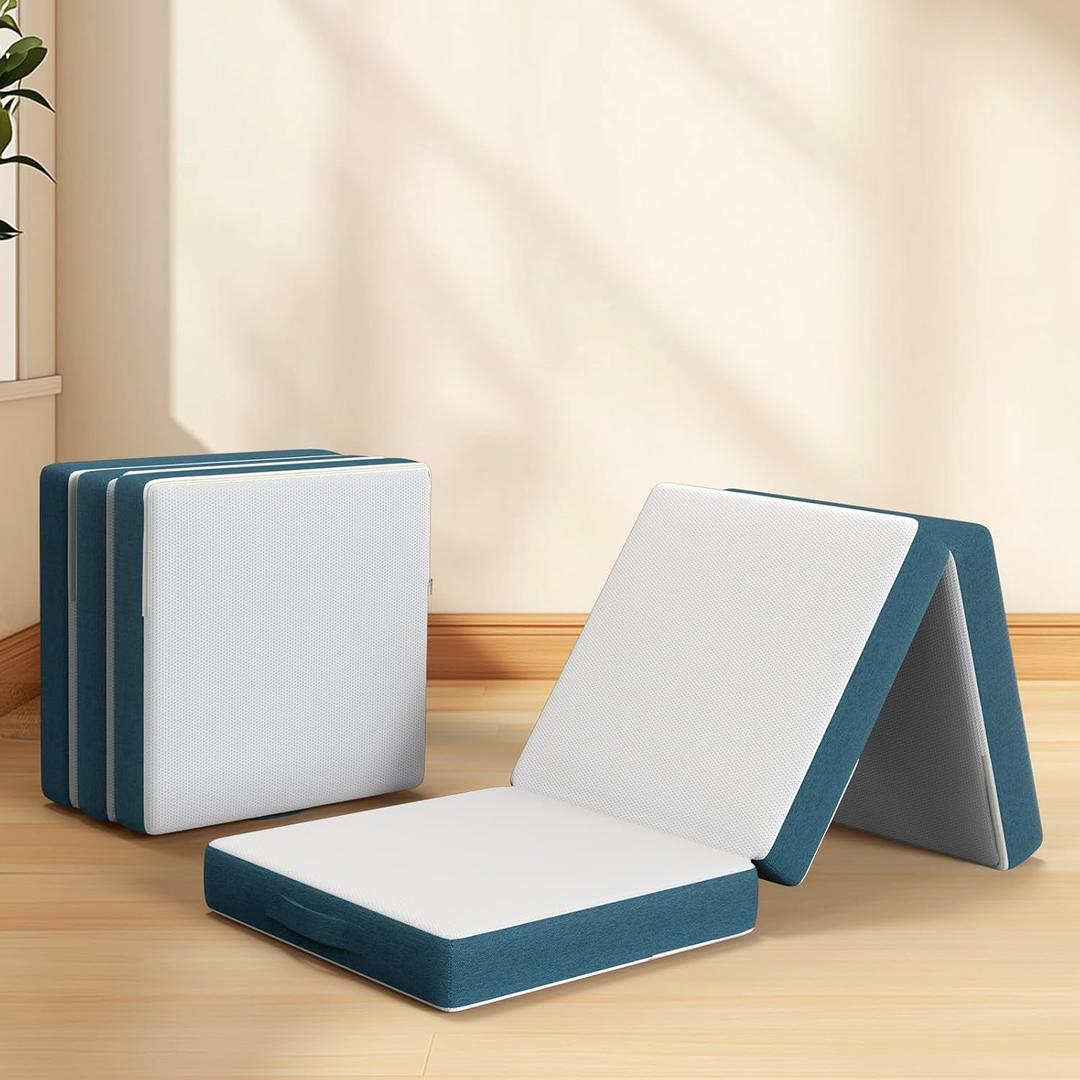 Foldable Mattress Single Size, 4 Inch Portable Memory Form Tri Folding Mattress with Collapsible, Washable Cover, Non-Slip Bottom for RV Travel, Camping, Guest, Yoga(75"x25"x4") (White)