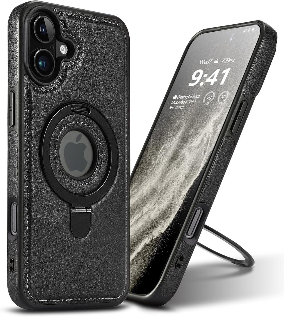 Magnetic for iPhone 16 Plus Leather Case,Invisible Stand [Compatible with Magsafe] Slim Kickstand Phone Cove (Black, iPhone 16 Plus-6.7")