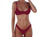 SherryDC Women's Solid Scoop Neck Push Up Padded Brazilian Thong Bikini Swimsuit Bathing Suit (Medium, Red)