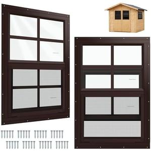 Kerty 2 Pack Shed Window Flush Mount Windows with Tempered Glass for Sheds, Chicken Coops, Garage and Playhouse (Brown, 14" x 21")