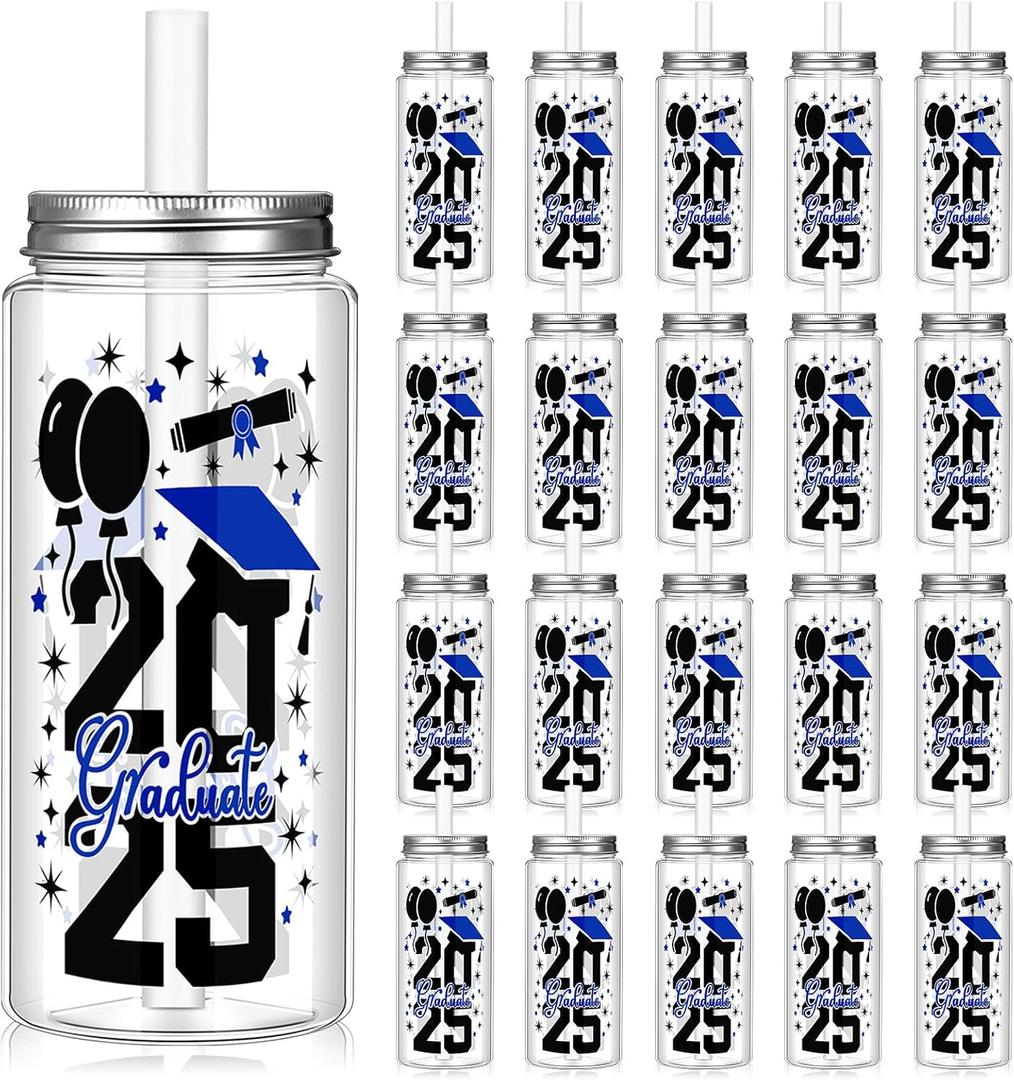 Vesici 24 Pcs Graduation Plastic Cups with Lid and Straws 13.5 oz 2025 Graduate Tumblers Graduation Gifts Drinking Cups with Decorative Bows for Class of 2025 Party Favors Decorations (Blue)