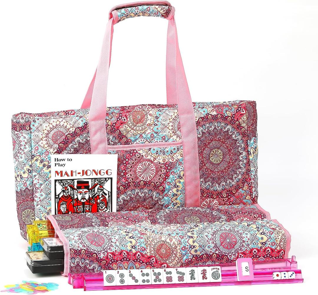 American Mahjong Tile Set with Pink Printed Carrying Bag, 166 Premium Tiles, 4 All-in-One Color Racks/Pushers, Mah Jongg Sets, Mahjong Game Set for Travel, Christmas, Birthday Gifts