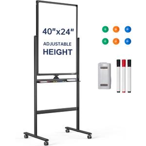 TANKEE Rolling Whiteboard, 40x24 Inches Standing White Board, Magnetic Double-Sided Mobile Whiteboard on Wheels, Large Dry Erase Board with Stand, Height Adjustable White Board for Office School Home