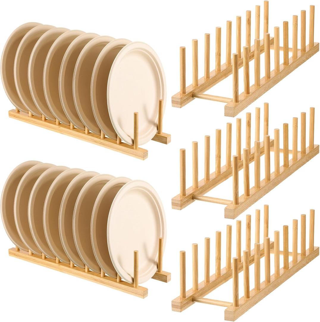 5 Pcs Bamboo Dish Racks, 8 Slots, Vertical Drainer, Plate Drying Stand Holder, Kitchen Cabinet Organizer for Dish, Pot Lids, Plates, Cups, and Cutting Boards and Books
