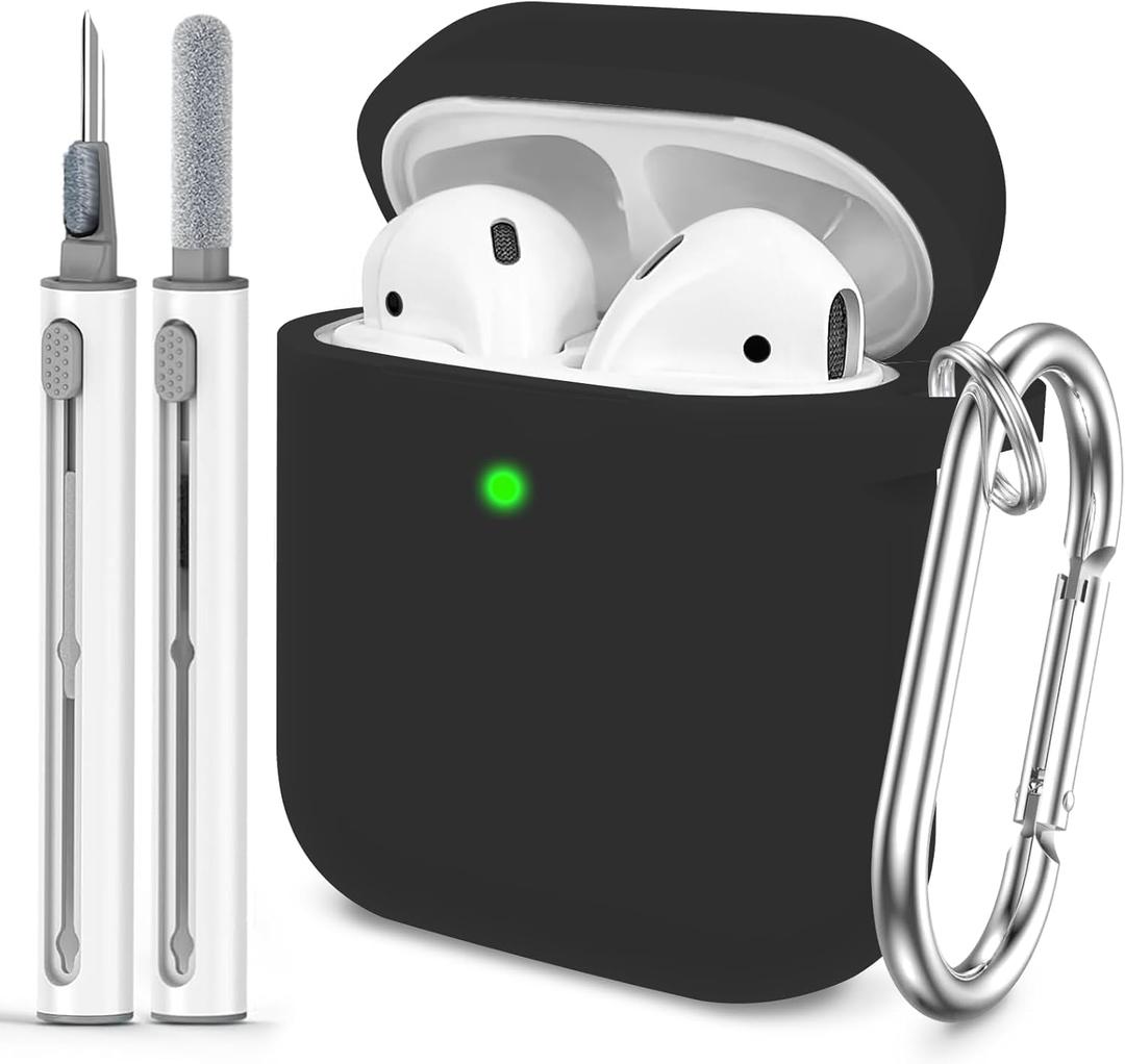 for AirPods 1/2 Case Cover,Come with Cleaner Kit,Soft Skin Silicone Case Cover with Keychain, Full Protective Case for Men and Women, Compatible with AirPods 2nd 1st Generation Case,Black