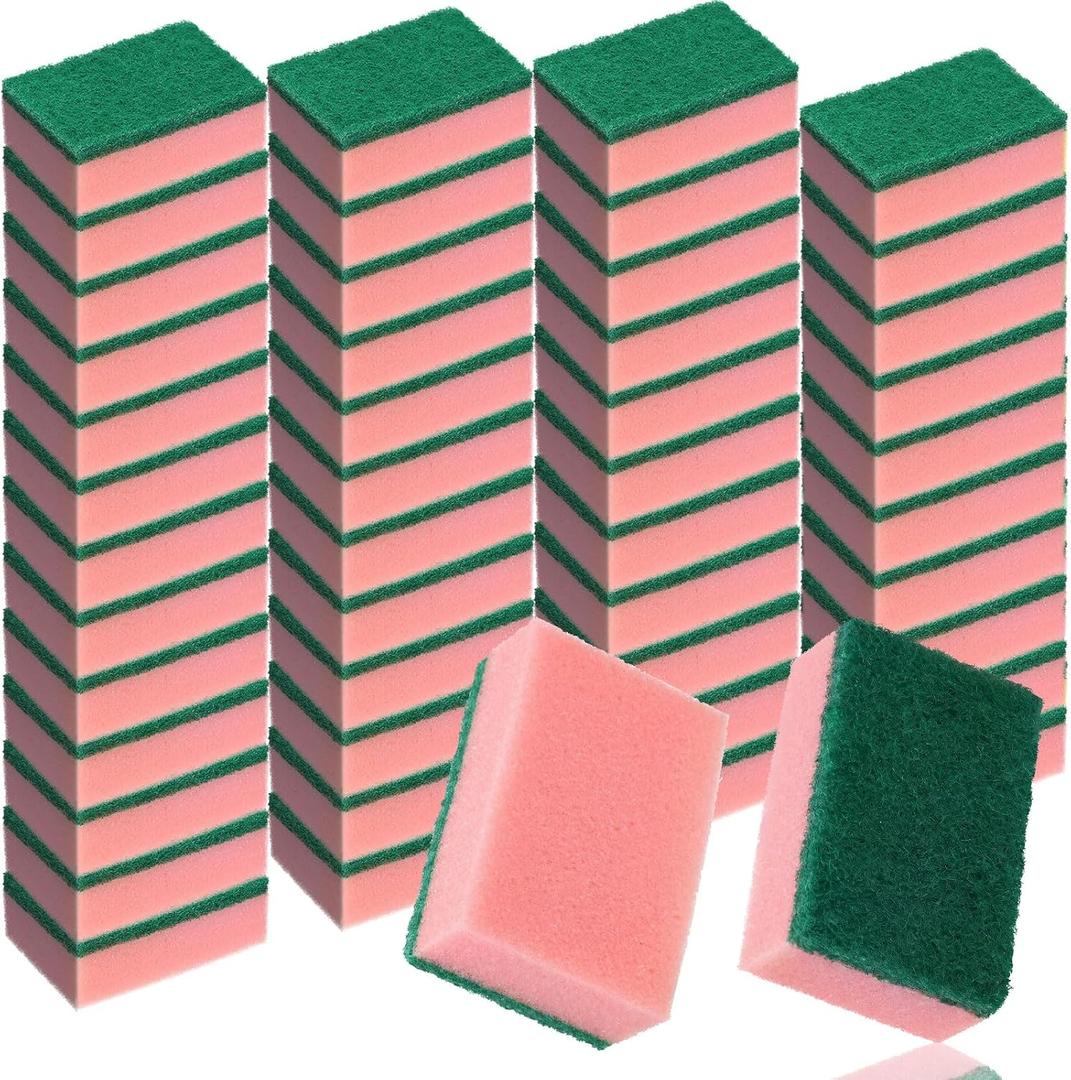 Patelai 100 Pcs Heavy Duty Sponges Kitchen Bulk Dish Sponges Scrub Sponge Abrasive Scrubber Cleaning Sponge Non Scratch Scouring Absorbent Dish for Washing Kitchen (Pink)