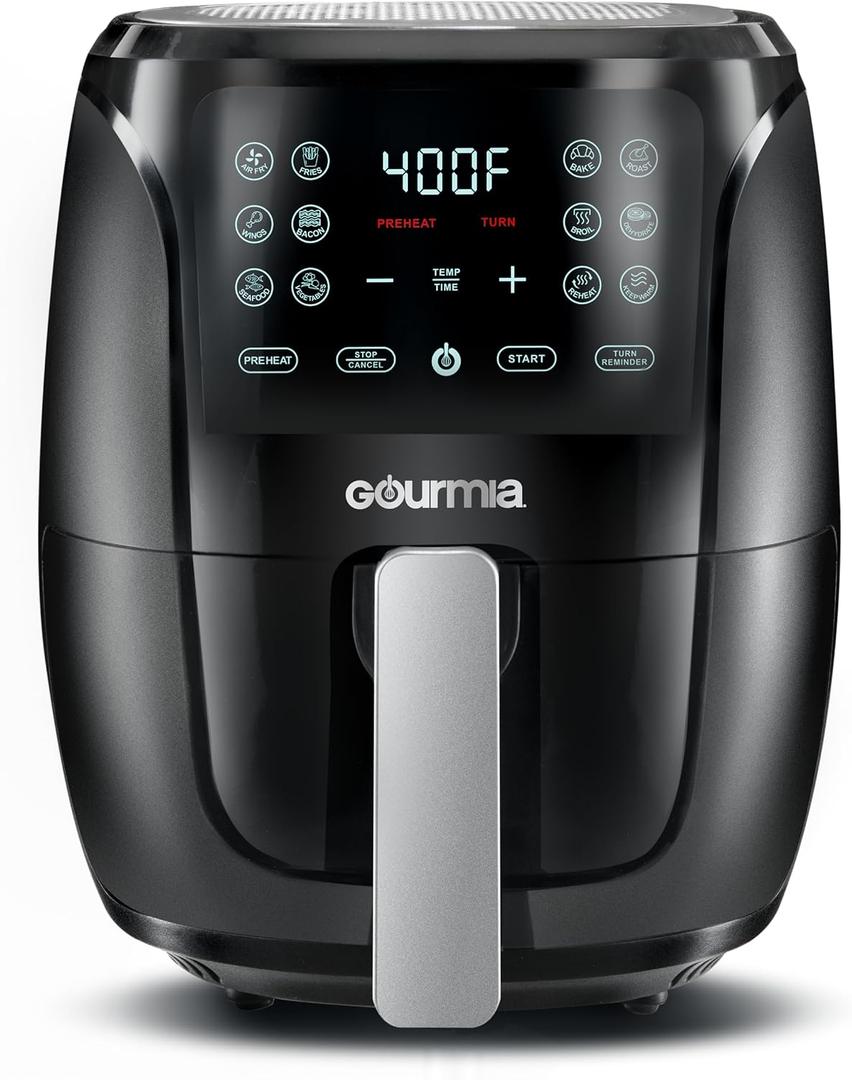 Gourmia Air Fryer Oven Digital Display 4 Quart Large AirFryer Cooker 12 1-Touch Cooking Presets, Black and Stainless Steel Accents Fry Force GAF486 (4 QT)