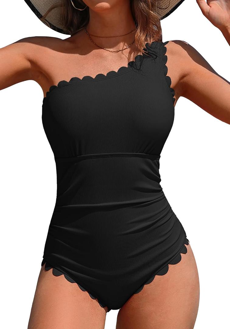 Charmo One Shoulder One Piece Swimsuit Women Ribbed Scalloped Bathing Suit Cutout Slimming Full Coverage Swim Suit 2026 (Black, M)