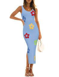 ZESICA Women's Summer Knit Bodycon Midi Dress 2026 Sleeveless Floral Crewneck Color Block Long Beach Party Dresses L