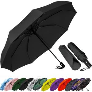 SIEPASA Compact Travel Umbrella - Windproof Auto Open/Close, Small Folding Umbrella for Rain - Lightweight & Durable with Fiberglass Frame, Waterproof Canopy - Fits Backpack, Purse, Suitcase. (Black) (42 Inch-1 Pack)
