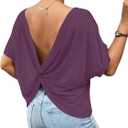RoseSeek Women's Backless Twist Knot T Shirt Oversized Solid Short Sleeve Tees Open Back Asymmetrical Hem Casual Tops
