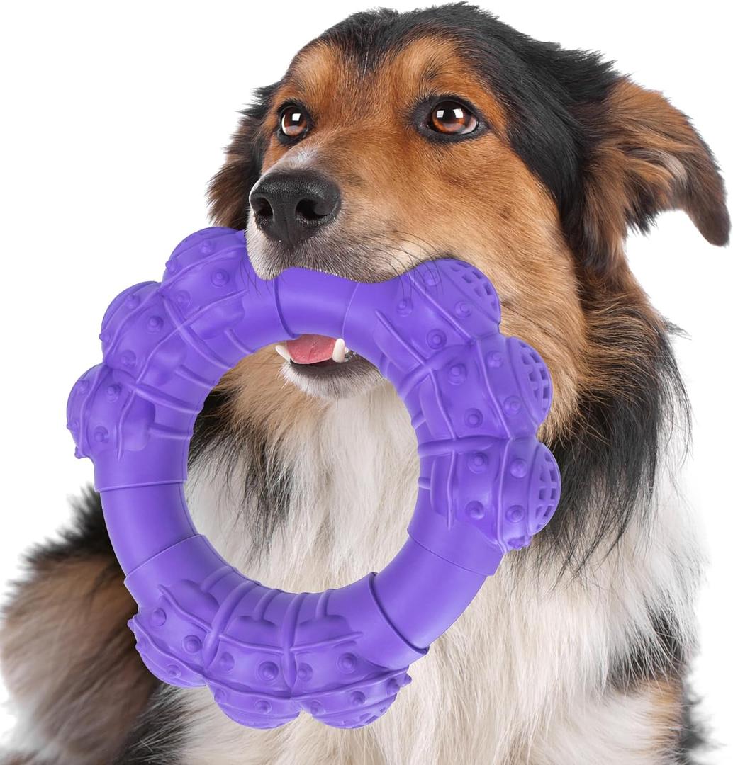 Indestructible Dog Chew Toys for Aggressive Chewers, Super Chewer Toys for Medium Large Dogs, Interactive Ring Toy, Heavy Duty Teething Toys (Purple)