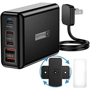 Fast Charger USB C 100W, 5 Ports Charging Blocks Ultra Thin Flat Plug, USB Charging Hub with 360° Rotated Adhesive Punch-Free Holder, Charging Station for Laptops, Tablets, Cellphones Stuff