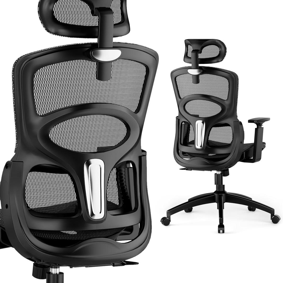 GABRYLLY Ergonomic Office Chair, High-Back Desk Chairs with Adjustable Lumbar Support, Headrest, Tilt Function, Soft Wide Seat and 3D Armrest, 300 LBS Sturdy Home Mesh Chair Task Chairs, GY1070
