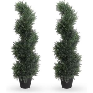 THE BLOOM TIMES 3ft Spiral Artificial Topiary Trees Set of 2, 36 inch Faux Cedar Trees for Outdoor Planters - Fake Twist Cypress Plants for Garden Front Porch Indoor Outside Christmas Decor 3 Foot (Cedar Dark Green)