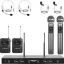 Phenyx Pro Wireless Microphone System, 4-Channel Wireless Mic Set with Handheld/Bodypack/Headset/Lapel Mics, Cordless Microphone for Singing, Karaoke, Church (PTU-5200-2H2B)