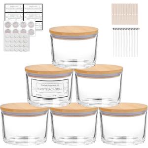 CONNOO 6Pack 16 oz Candle Jars  3Wick Clear Empty Glass Wide Mouth Candle Jars Come with Bamboo Lids, Sticky Warning Labels, and a Candle Wick Kit for Candle Making  Dishwasher Safe