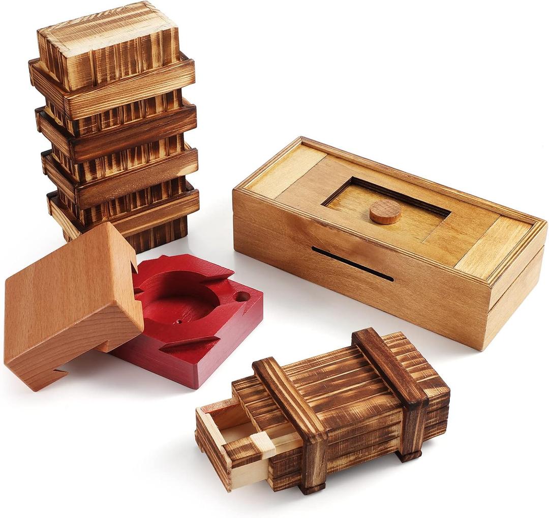 Zhanmai 4 Pieces Wooden Puzzle Boxes Wooden Puzzle Boxes Money Case Holders Teaser Mysterious Wood Boxes for Christmas Birthday Gift, 4 Styles(Lovely Style)