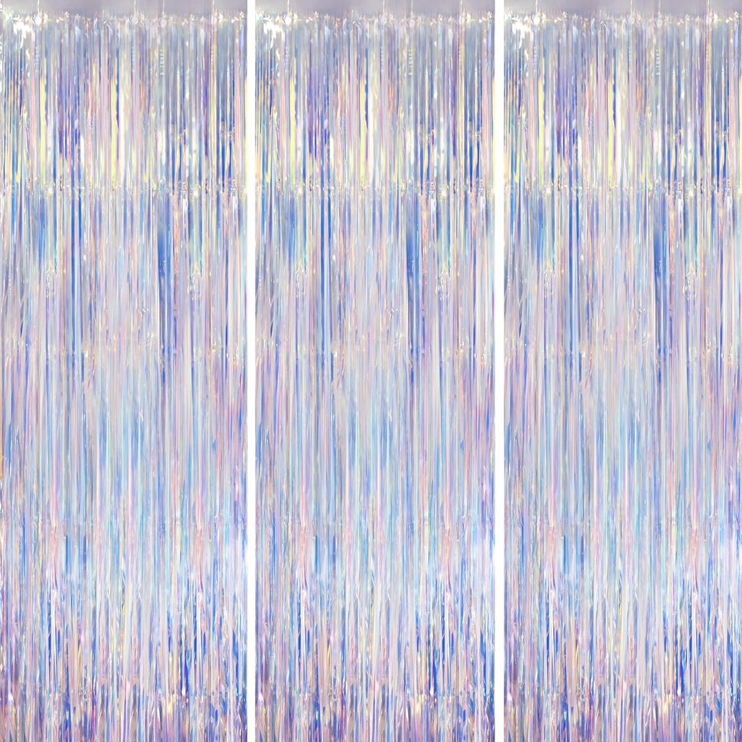 Iridescent Party Backdrop 3Packs Transparent Tinsel Foil Fringe Curtain for Frozen Mermaid Sea Birthday Party Decorations, 3.3x8.2ft Streamers Backdrops (44 Iridescent Pink)