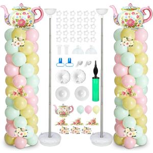 2 Sets Tea Party Balloon Column Stand Kit with Let's Partea Backdrop & 100 Balloons Adjustable Balloon Tower Stand with Bases for Girls Birthday Baby Bridal Shower Garden Party Decor Supplies