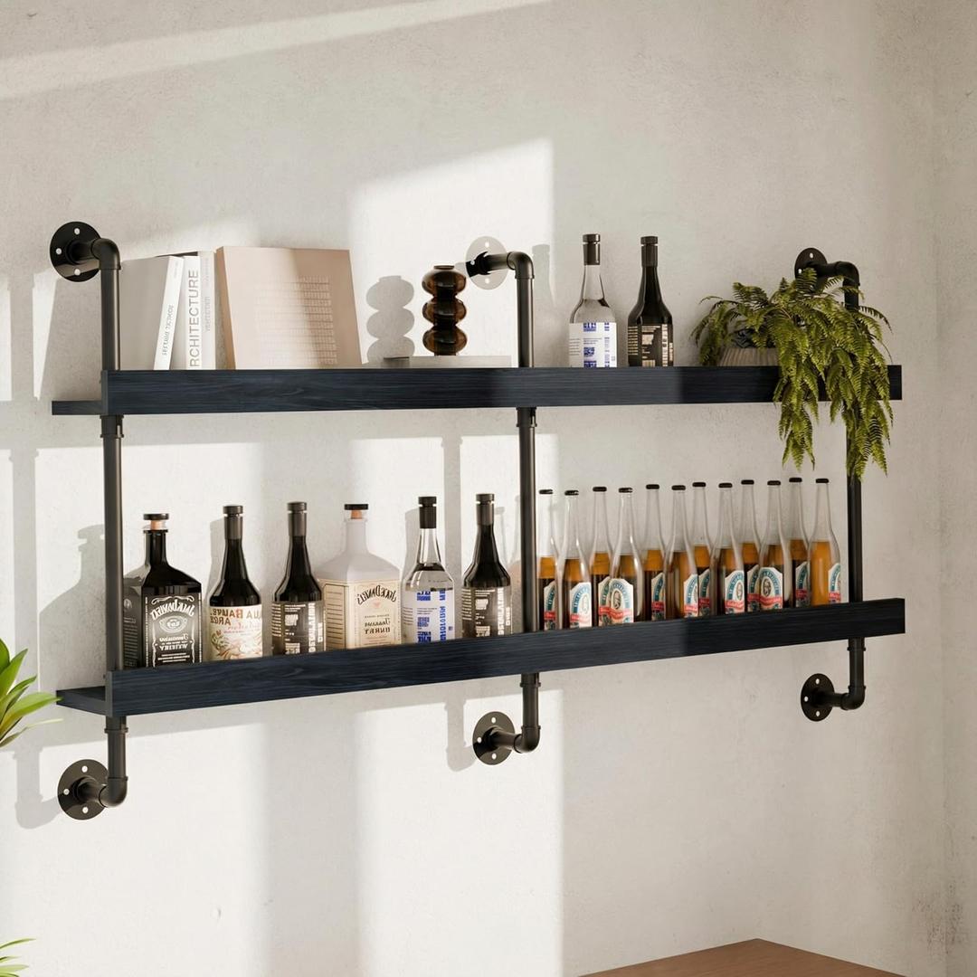 Bar Shelves, Wall Mounted Wine Rack, Black, 60 Inch | 2 Tier, Industrial style, Solid pine shelves, black pipe brackets, 70 lbs per shelf, wine, liquor, bar decor