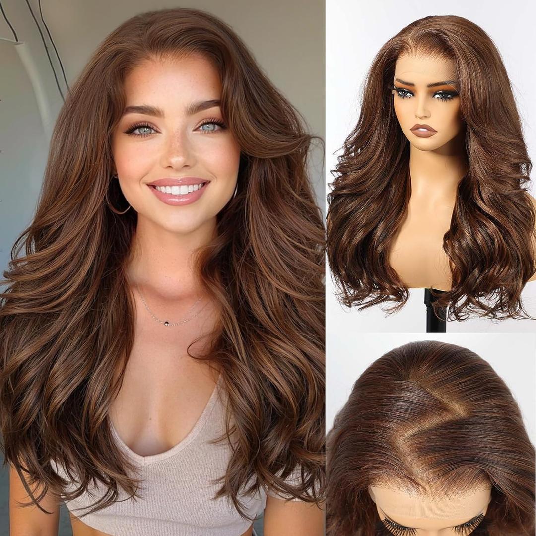 HAIRCUBE 13x6 HD Synthetic Lace Front Wig, 24 Inch Chocolate Brown Long Curly Layered Wigs, Natural Density Hairline Glueless Wigs for Women Daily Use
